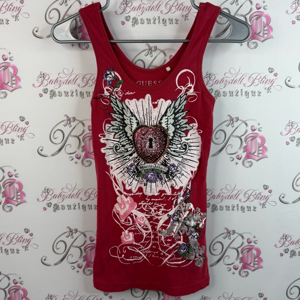 Guess tank top rhinestone tattoo style Y2K Red Embellished Women's Tank Top